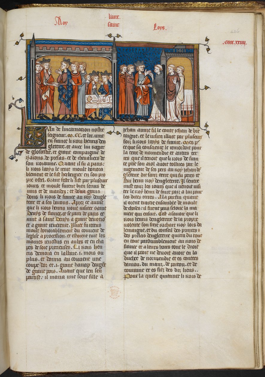Royal 16 G VI f.426r Miniatura Henryka III odwiedzającego Ludwika IX i Henryka III w St Denis, strona z 