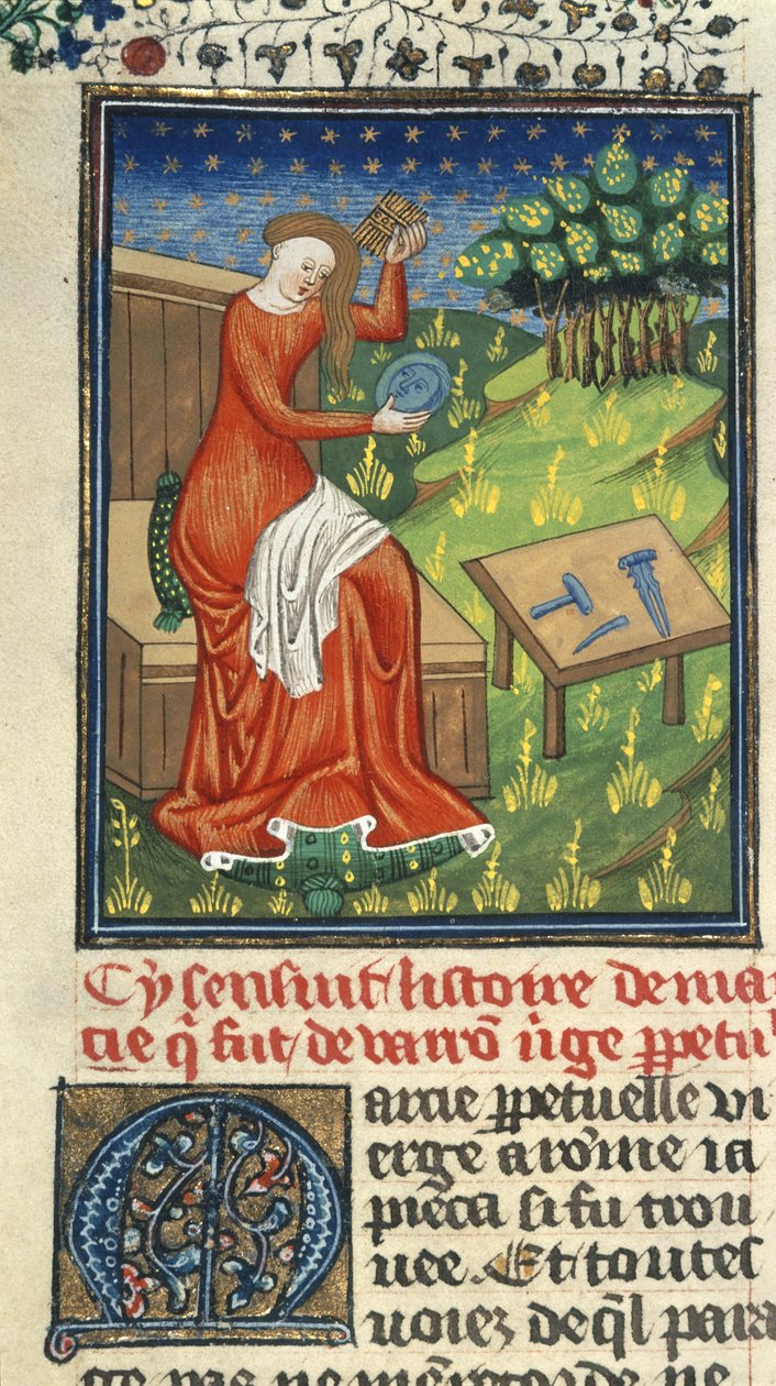 Royal 16 G. V, f.80 Jaia z Kyzikos, z grzebieniem, lustrem i narzędziami rzeźbiarskimi, ilustracja z „De Claris Mulieribus” Giovanniego Boccaccio (tusz, kolor i złoto na welinie); autorstwa French School