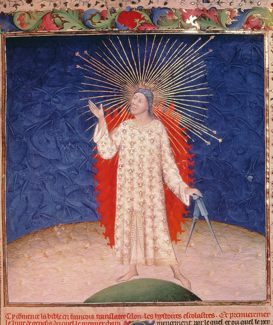 Royal 19 D III, f.3: Bóg otoczony ogniem z parą cyrkla, z Bible Historyle Guyarta des Moulins, ok.1411 (welum) autorstwa French School