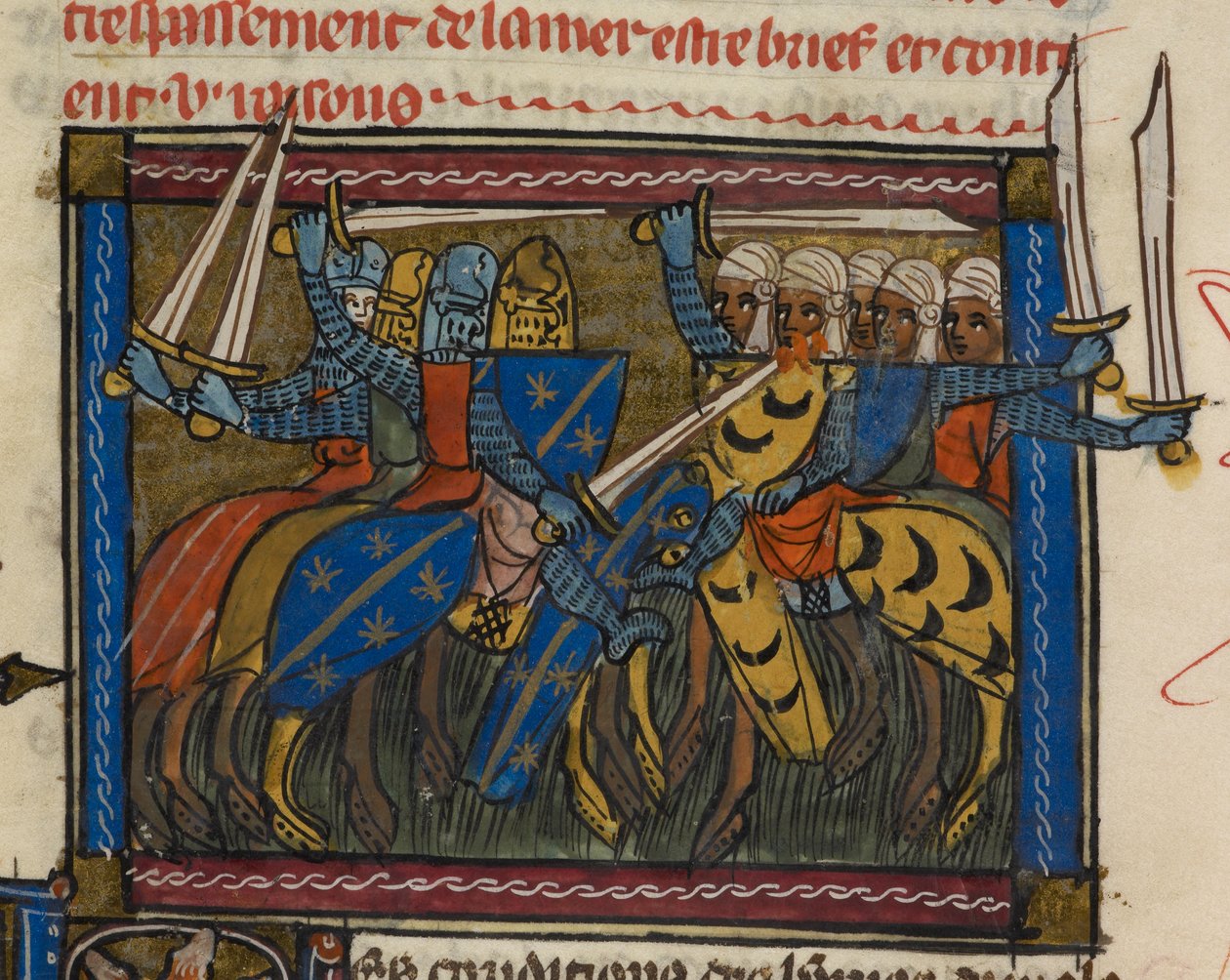 Royal 19 D. I f.189v armie chrześcijańskie i saraceńskie w bitwie, ilustracja z „La Vraye Histoire du Bon Roy Alixandre” (tusz, kolor i złoto na welinie) autorstwa French School