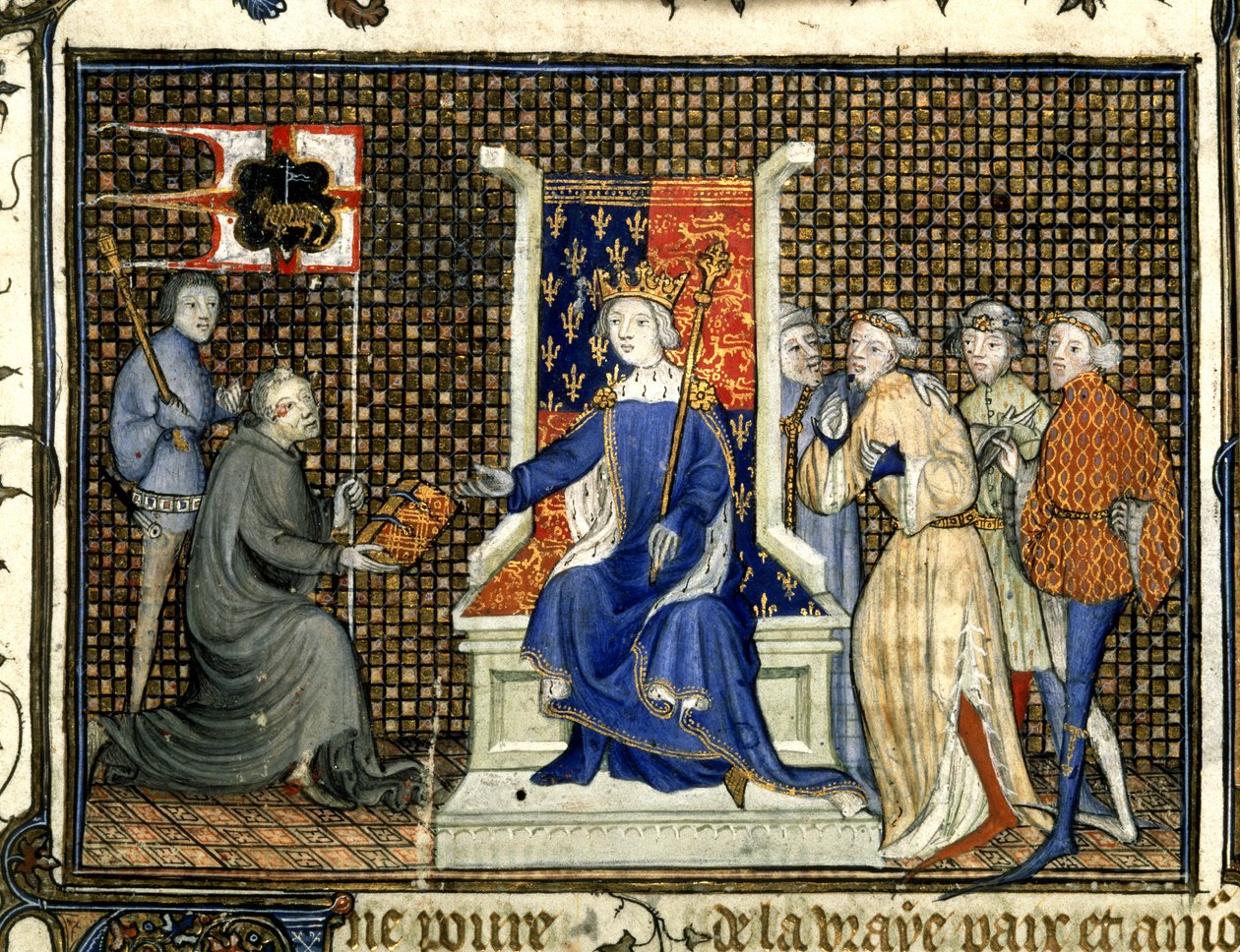 Royal 20 B. VI, f.2 Prezentacja Ryszardowi II, z „Traktatu skierowanego do króla Anglii Ryszarda II” autorstwa Maizi autorstwa French School