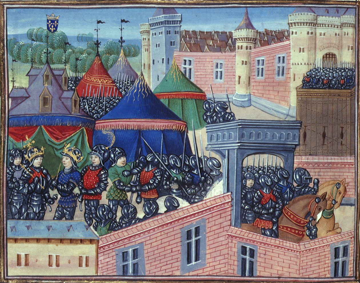 Royal 20 C.IX fol.137v Królowie Francji i Sycylii ze swoimi armiami przed Metz, z „Le cronicque du temps de roy Charles VII de France” Jeana Chartiera (fl.1558-74) koniec XV wieku (welum) autorstwa French School