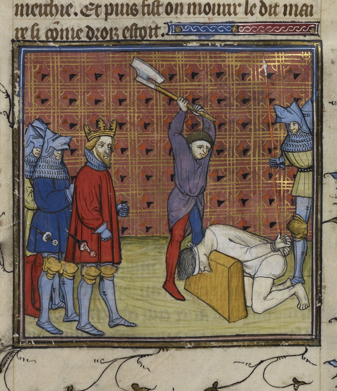Royal 20 C. VII f.134v Przywódcy powstania Jacquerie przeciwko francuskiej szlachcie ścięty na rozkaz króla Nawarry, z „Chroniques de France ou de St Denis” (atrament, kolor i złoto na welinie) autorstwa French School