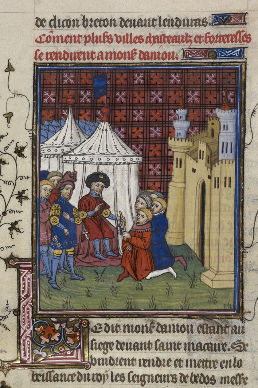Royal 20 C. VII, f.194, Przekazanie kluczy do miasta księciu Anjou (welum) autorstwa French School