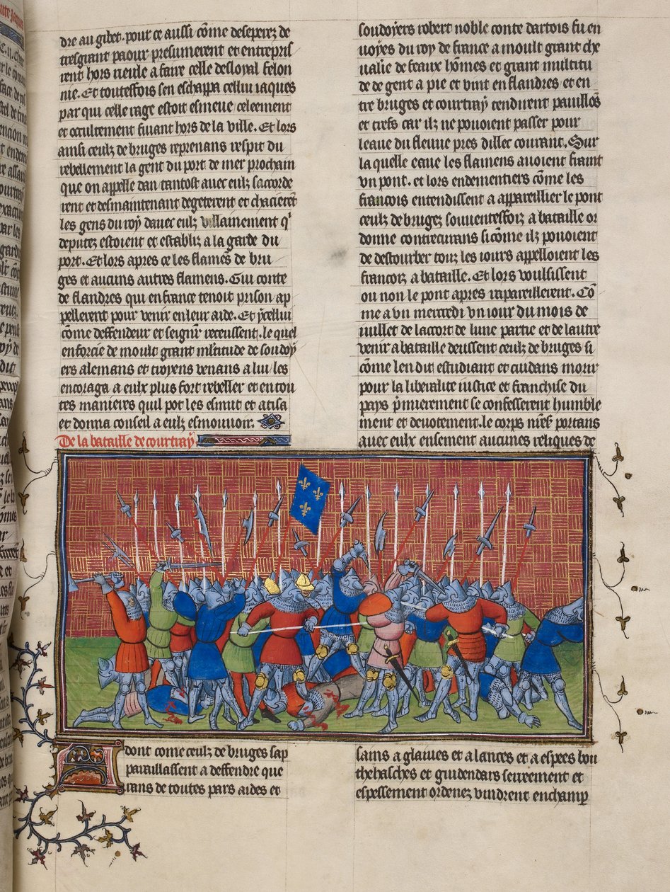 Royal 20 C. VII, f.34 Bitwa pod Courtrai, ilustracja z „Chroniques de France ou de Saint Denis” (welum) autorstwa French School