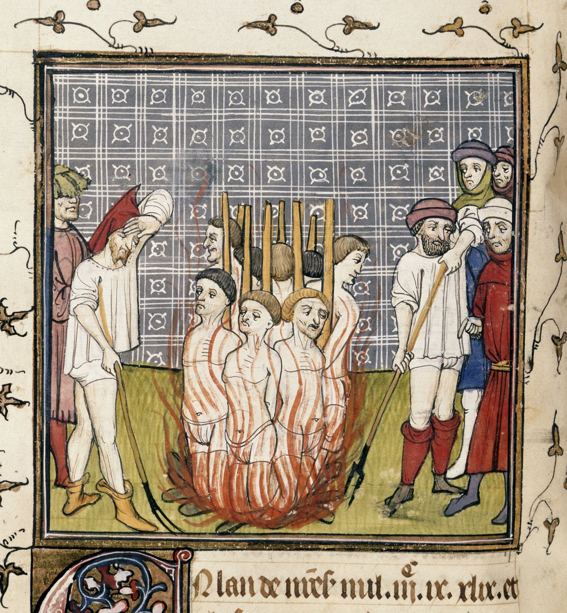 Royal 20 C. VII, f.44v Spalenie templariuszy, ilustracja z „Chroniques de France ou de St. Denis” (welum) autorstwa French School