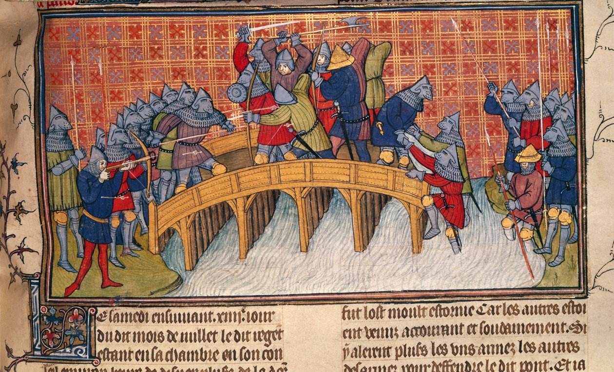 Royal 20 C. VII, fol.137 Bitwa na moście na Sekwanie podczas wojny stuletniej, z „Chroniques de France ou de St. Denis” (welum) autorstwa French School
