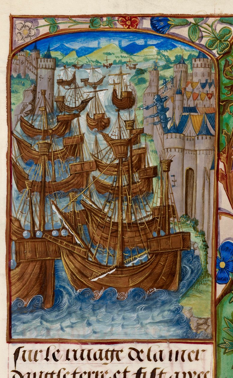 Royal 20 E. III, fol.186v Flota francuska zaatakowana w Sluys, z „Chroniques de France ou de Saint Denis” autorstwa French School