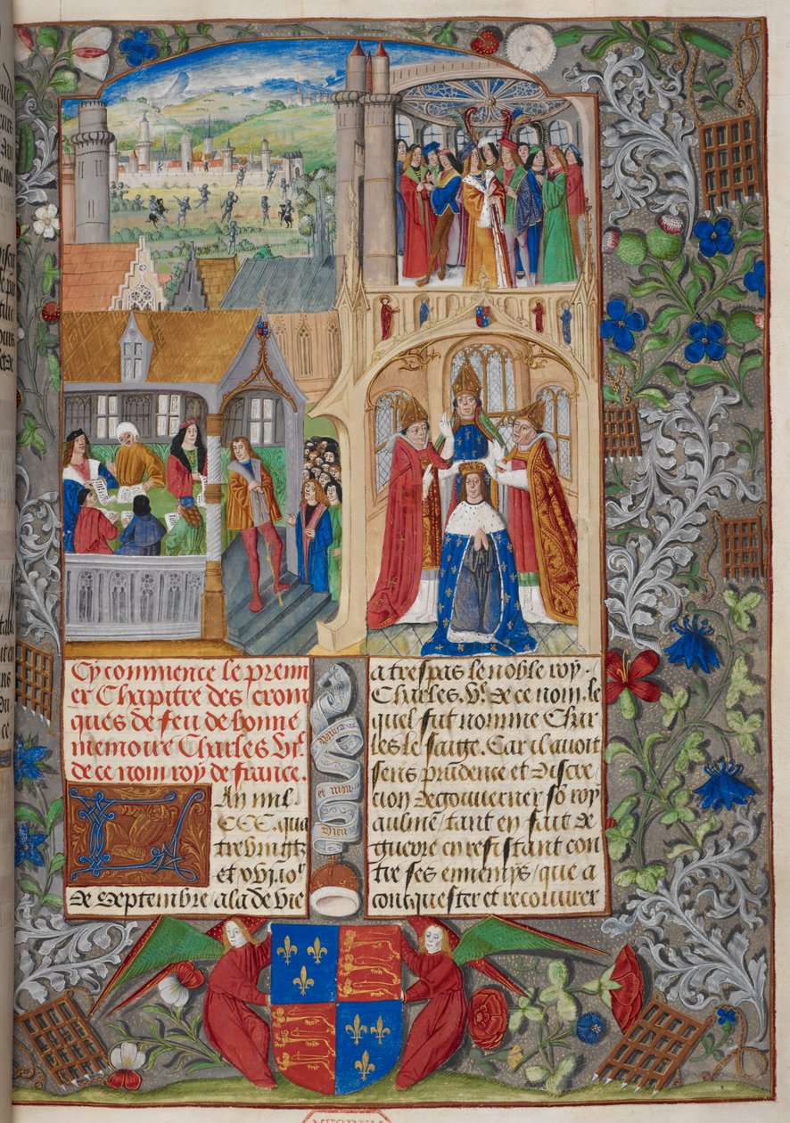 Royal 20 E. V, f.8 Koronacja Karola VII, sceny z „Chroniques de France ou de Saint Denis” 1487 (welin) autorstwa French School