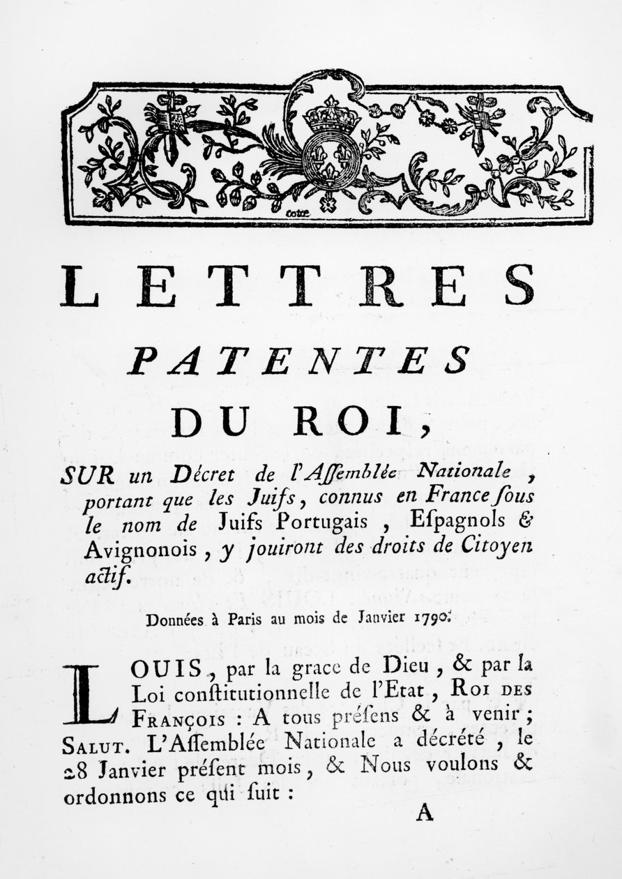 Patent listów królewskich przyznający równe prawa Żydom portugalskim, hiszpańskim i awignońskim we Francji, Paryż, 28 stycznia 1790 (patrz także 695057) autorstwa French School