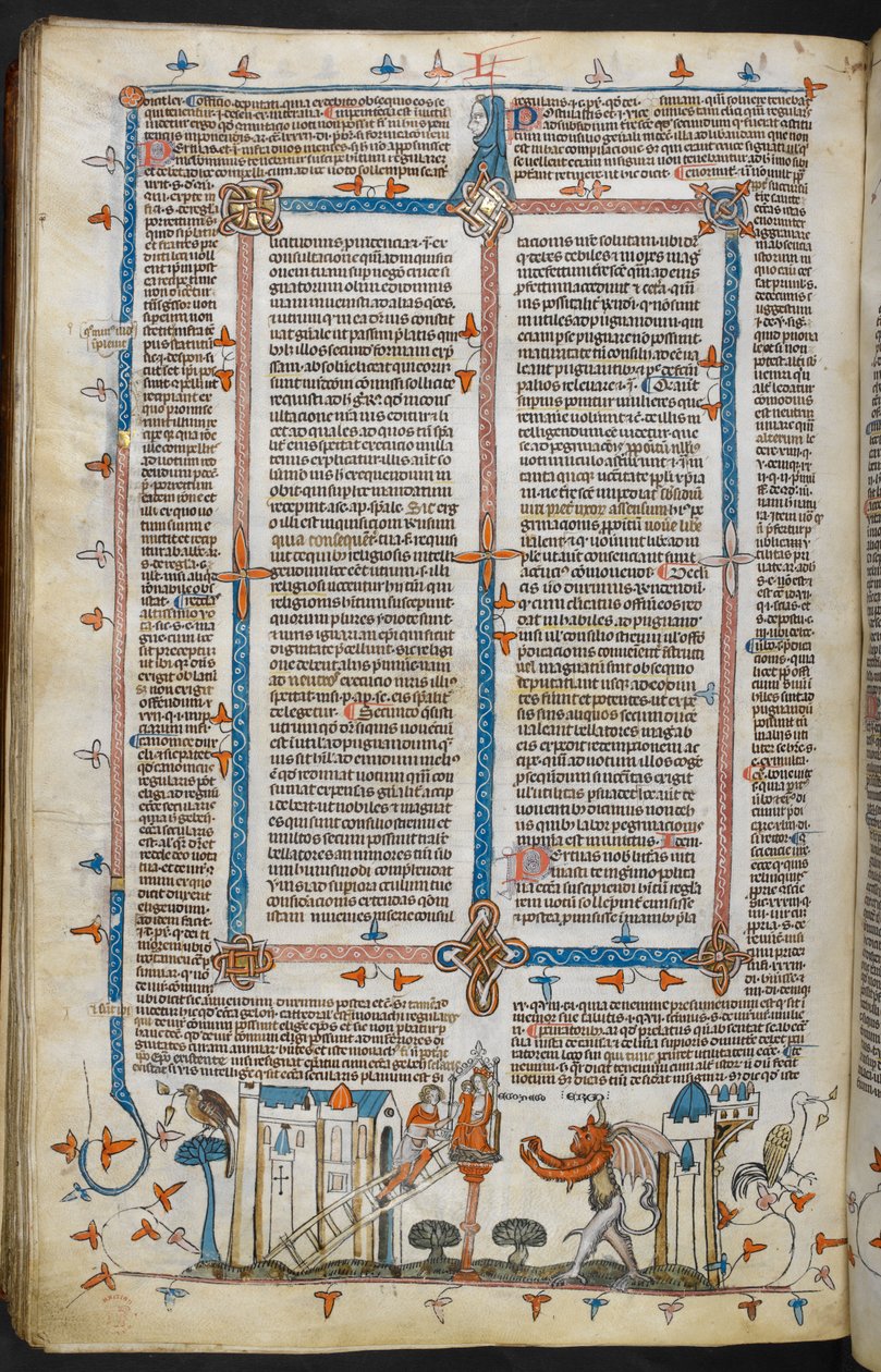 Royal MS 10 E IV, f.209v, The Painter and the Devil, from Decretals of Gregory IX z połyskiem Bernarda z Parmy („Decretals Smithfield”), ok. 1300-40 (welin) autorstwa French School