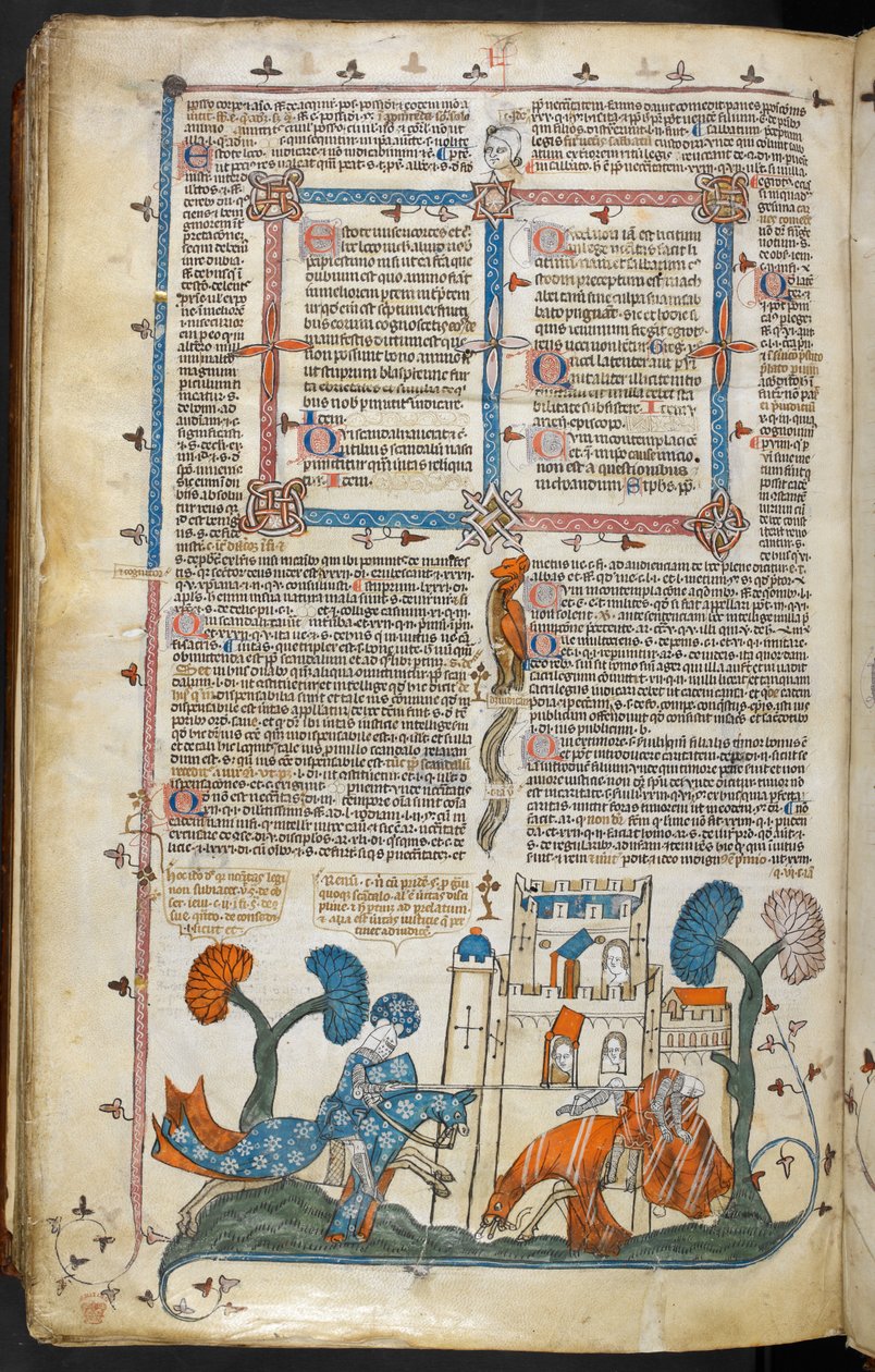 Royal MS 10 E IV f.313v, scena bas-de-page jednego rycerza z konia przed zamkiem, ok. 1300-40 (pióro i atrament oraz tempera na pergaminie) autorstwa French School