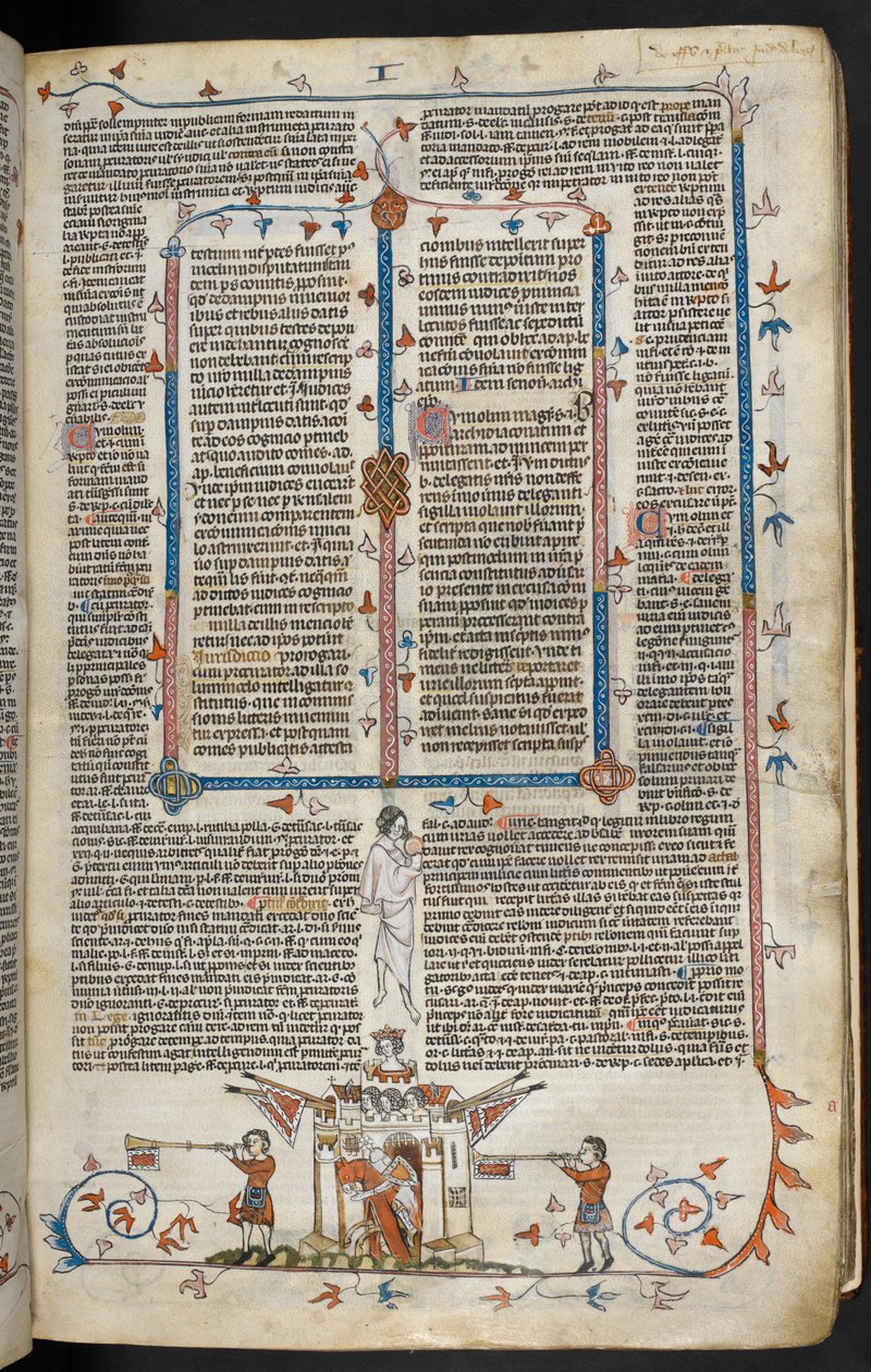 Royal MS 10 E IV f.66r, bas-de-page scena rycerza na koniu wyłaniającego się z zamku, ok.1300-40 (pióro i tusz oraz tempera na pergaminie) autorstwa French School
