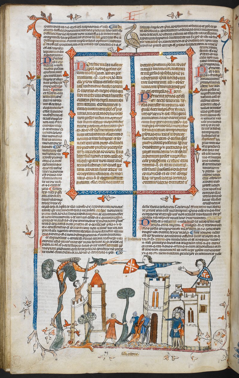 Royal MS 10 E IV f.88v, bas-de-page scena smoka atakującego zamek, ok. 1300-40 (pióro i atrament oraz tempera na pergaminie) autorstwa French School