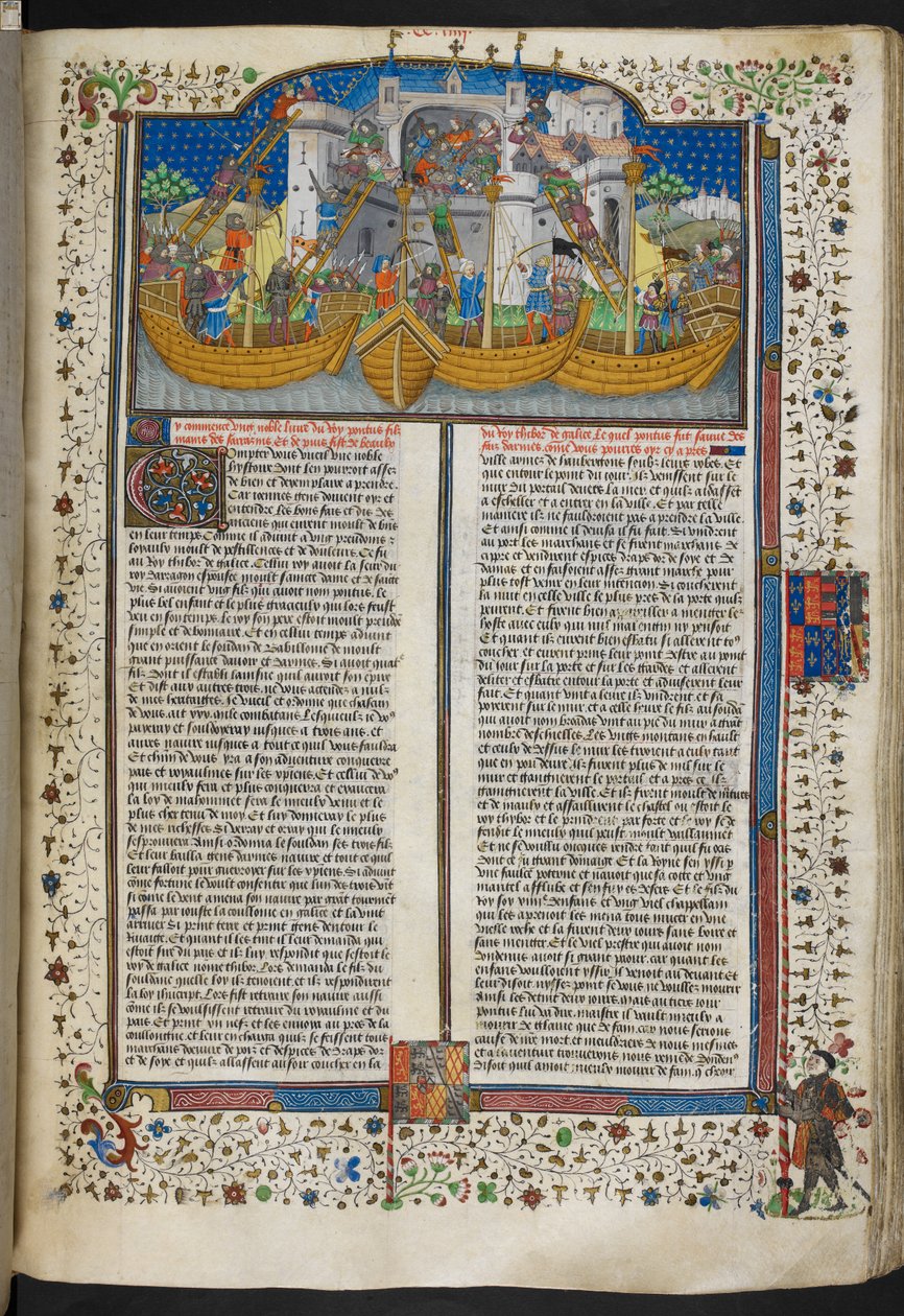 Royal MS 15 E VI, f.207 Miniatura statków oblegających Corunnę, z „Poems and Romances” lub „Talbot Shrewsbury Book” autorstwa French School