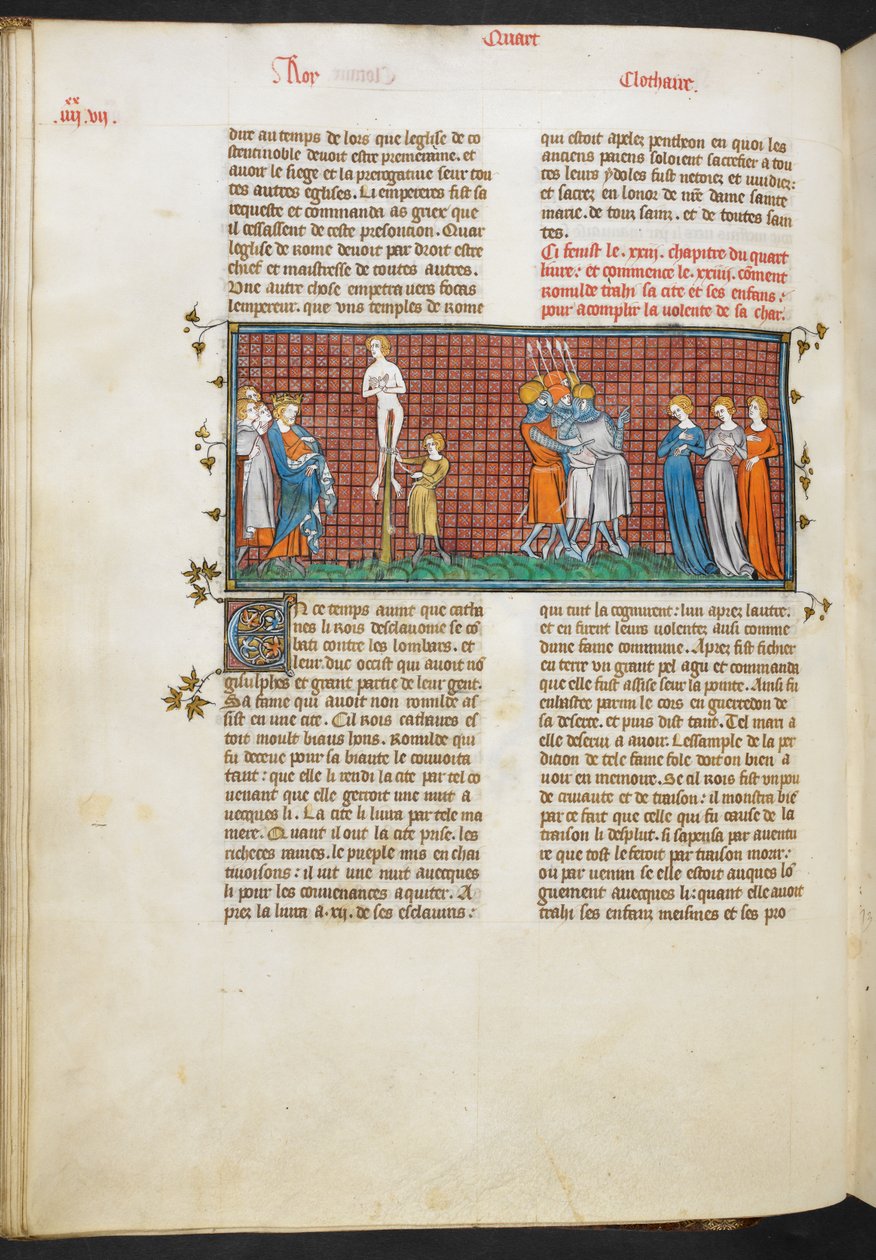 Royal MS 16 G. VI, Śmierć Romhildy, córki Romhildy ratujące ich honor (Księga 4, 24), z Les Grandes Chroniques de France autorstwa French School