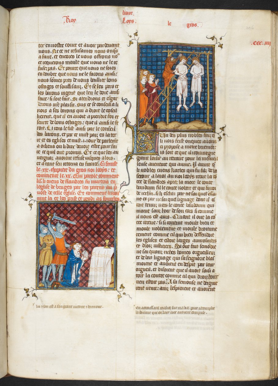 Royal MS 16 G. VI, f.306r, Murder of Charles, hrabia Flandrii powieszony (Louis VI, book 20), z Les Grandes Chroniques de France autorstwa French School