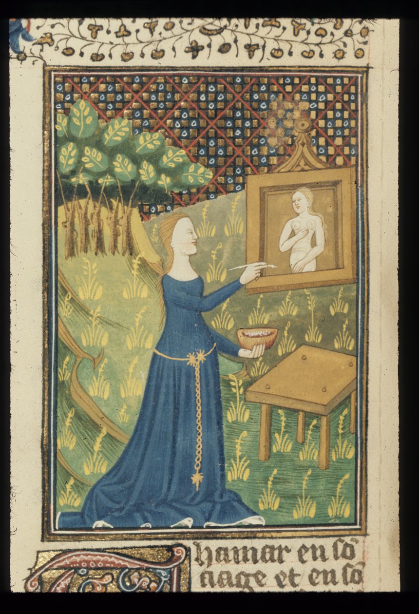 Royal MS 16 G V f.068v Strona z De claris mulieribus w anonimowym tłumaczeniu francuskim (Le livre de femmes nobles et renomées) Giovanniego Boccaccio, ok. 1440 (kolor i złoto na welinie) autorstwa French School