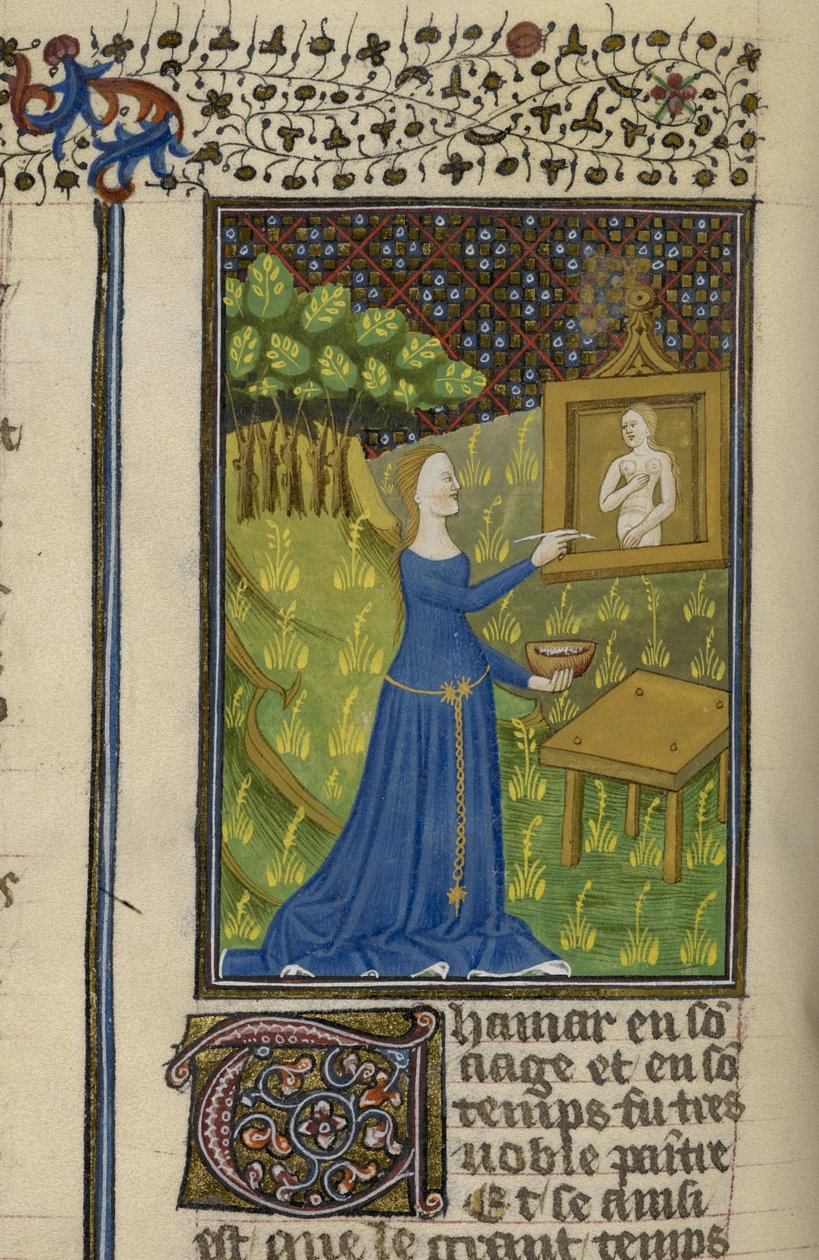 Royal MS 16 G V f.68v Thamar malujący boginię Dianę, z „De claris mulieribus w anonimowym tłumaczeniu francuskim (Le livre de femmes nobles et renomées)”, ok. 1440 (welum) autorstwa French School