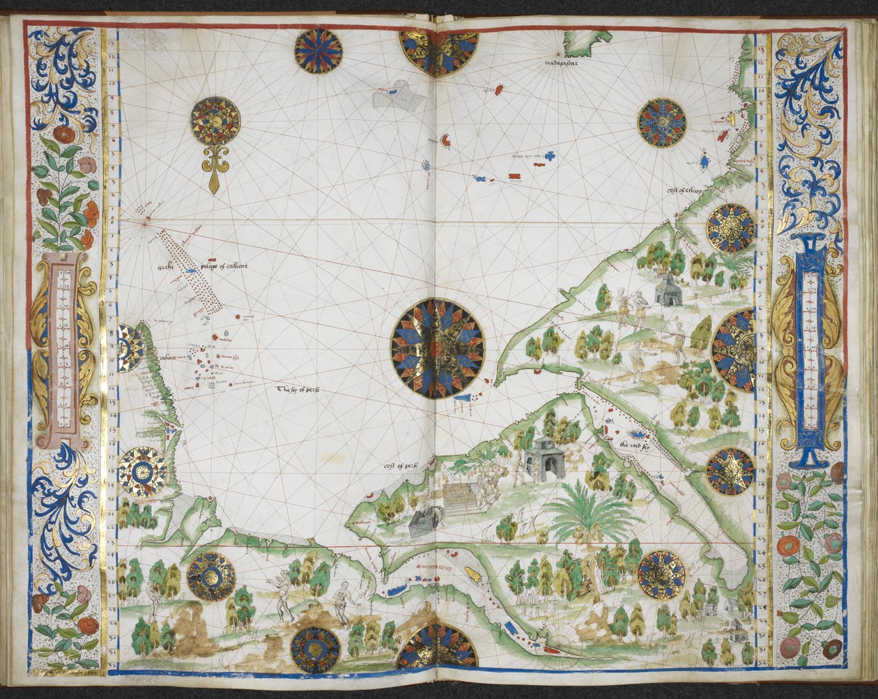 Royal MS 20 E IX f.11v do f.12r Mapa wybrzeży Azji i Afryki od Przylądka Komorin do Przylądka Delgado, w tym Zatoki Perskiej i Morza Czerwonego, z „Boke of Idrography” („Atlas Rotz”) Jean Rotz, c.1535-42 (tusz, kolor i złoto na welinie) autorstwa French School