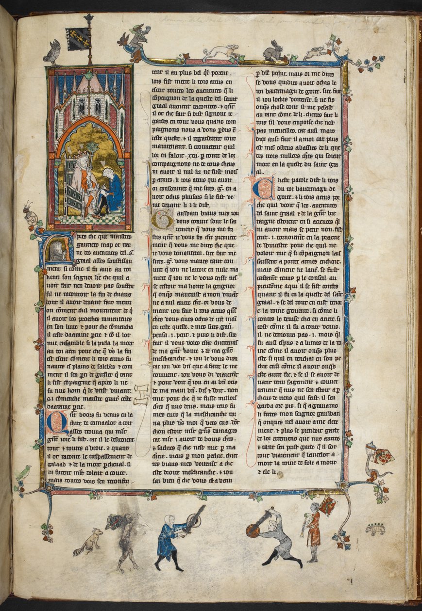 Royal Ms 14 e III f.140r Henryk II Anglii z skrybą, ilustracja z „Historia Świętego Graala, Poszukiwanie Świętego Graala, Morte Arthur”, c.1315-25 (welum) autorstwa French School