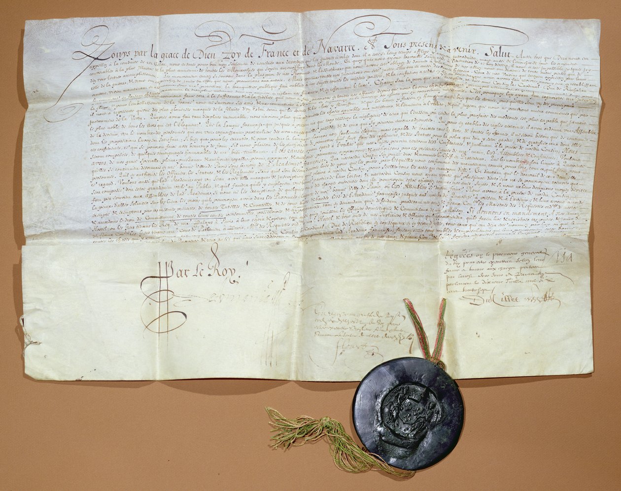 Dekret królewski o utworzeniu Akademii Francuskiej, 1635 (atrament na welinie) autorstwa French School
