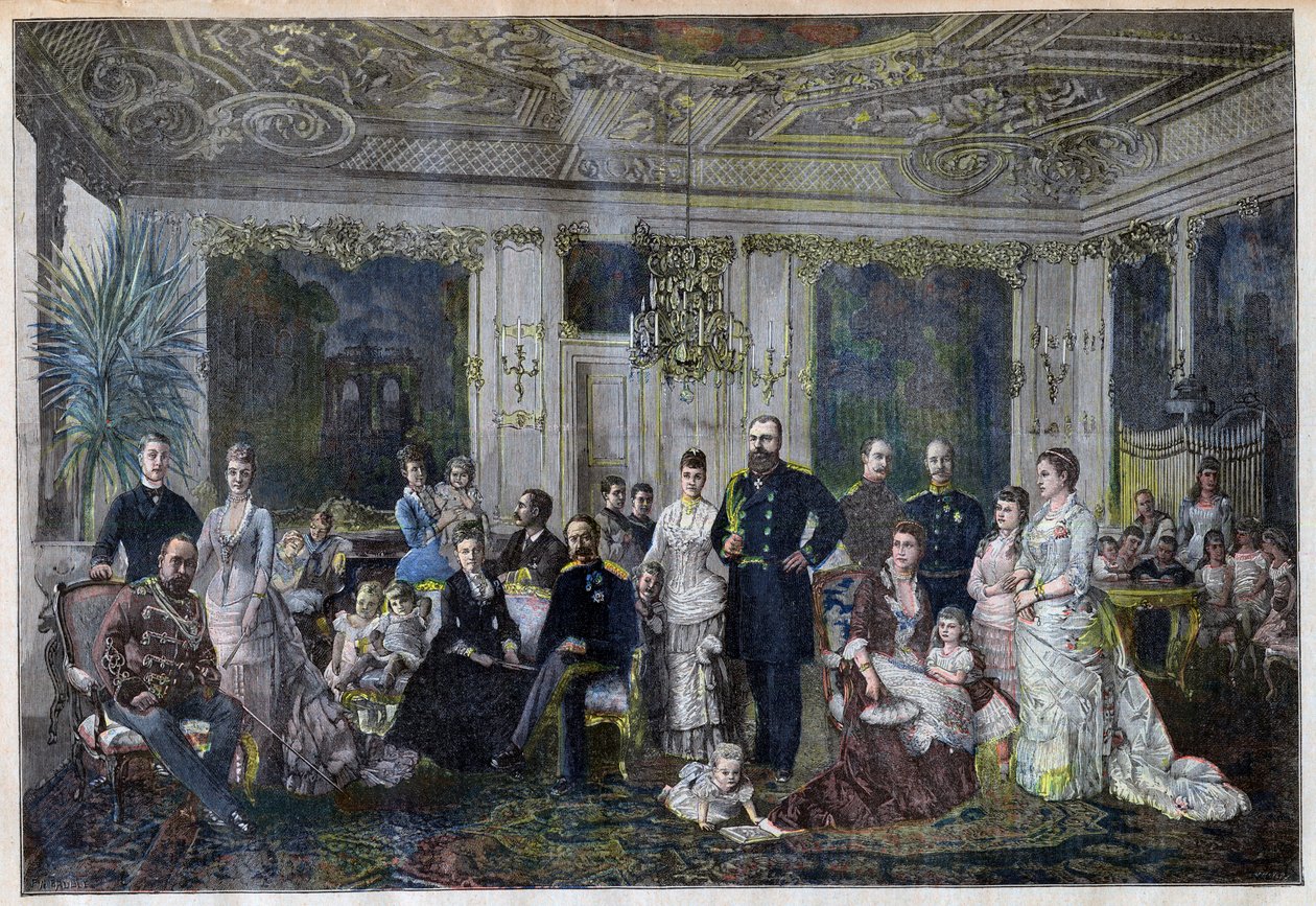 Rodziny królewskie gromadzące się w Danii z okazji srebrnego ślubu cara i carycy w małej wiosce Juleboekshusene z „Le Petit Journal”, 26 września 1891 (kolorowa rycina) autorstwa French School