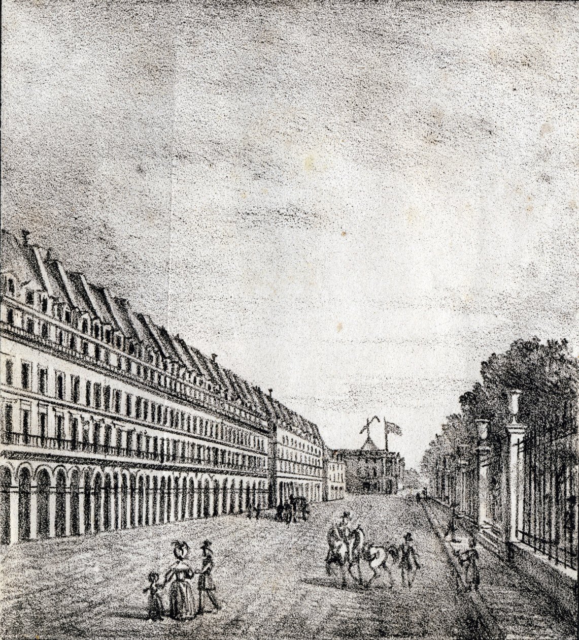 Rue de Rivoli, Paryż - "Alphabet Picturesque des Monumens de Paris" ok. 1840 r. (rycina) autorstwa French School