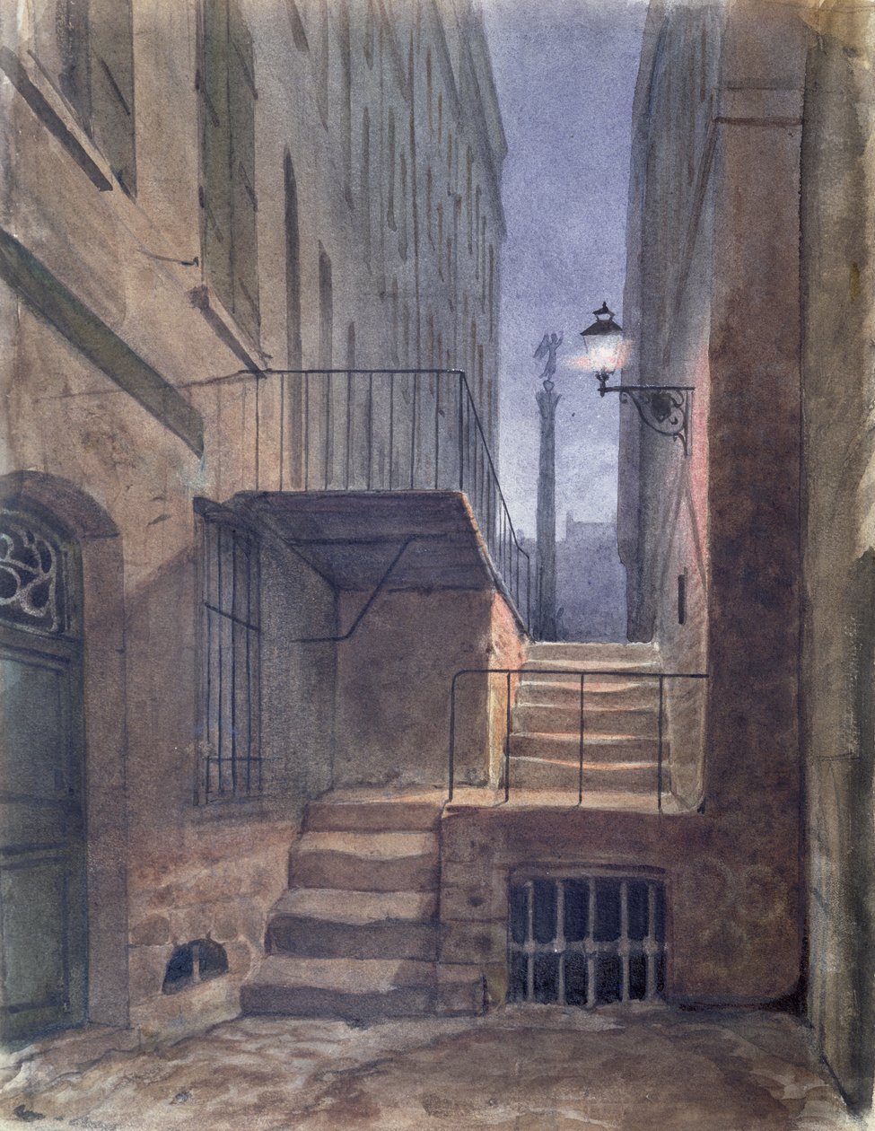Rue de la Vieille Lanterne, gdzie powiesił się Gerard de Nerval (1808-55), 25 stycznia 1855 (wc na papierze) autorstwa French School