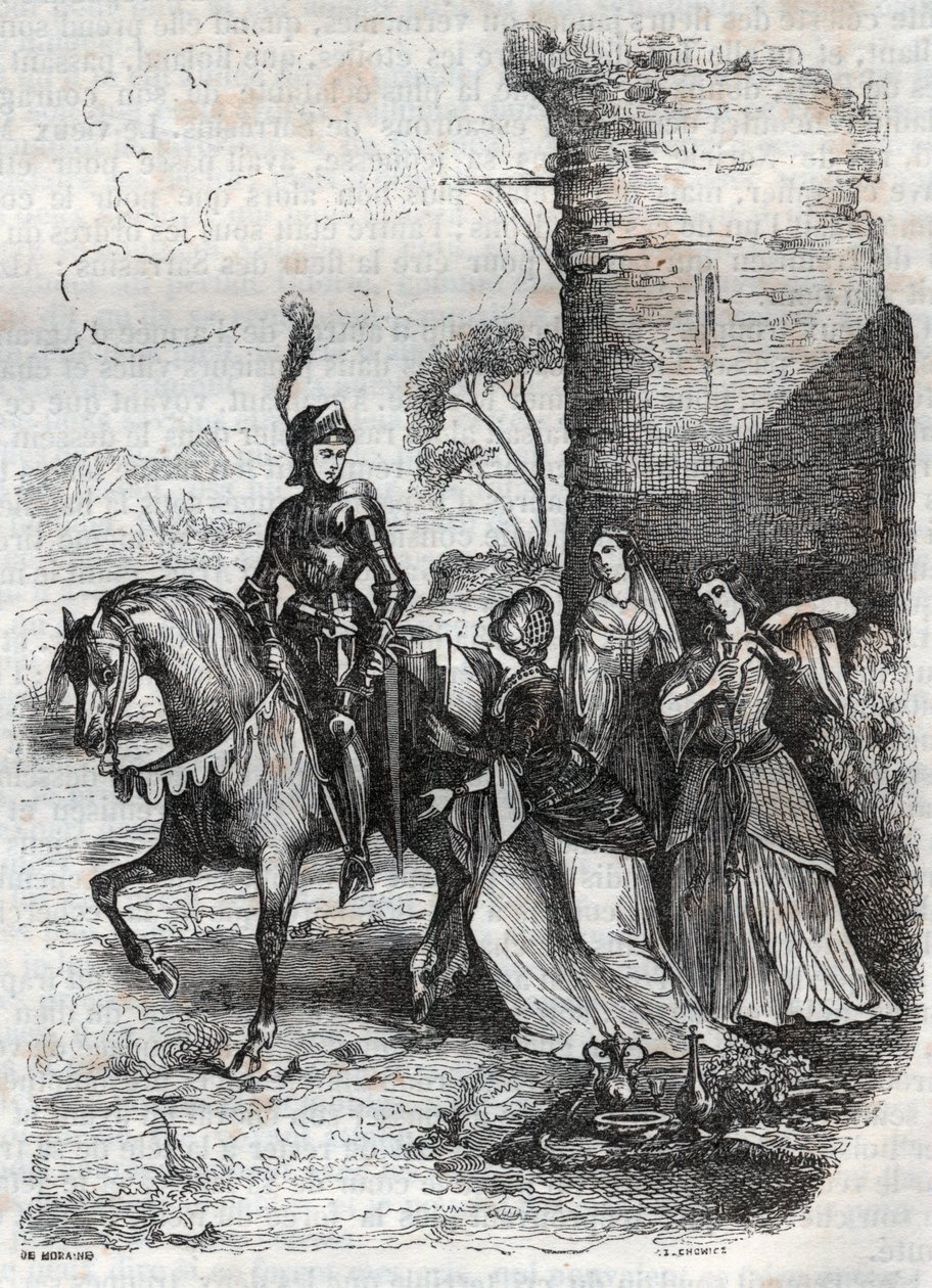 Ruggiero i trzy nimfy z dworu Alciny - rycina z 1851 r. z wiersza Orlando furioso autorstwa French School