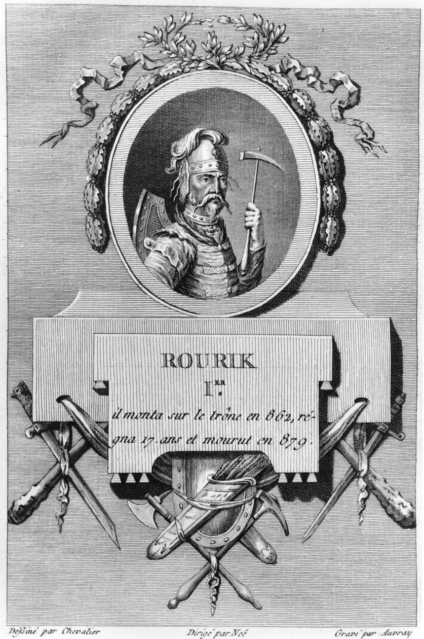 Ruryk (zm. 879), pierwszy car Rosji, ilustracja z Historii fizycznej, moralnej, obywatelskiej i politycznej starożytnej Rosji autorstwa Nicolasa Gabriela Clerca, Paryż, 1783-85 autorstwa French School