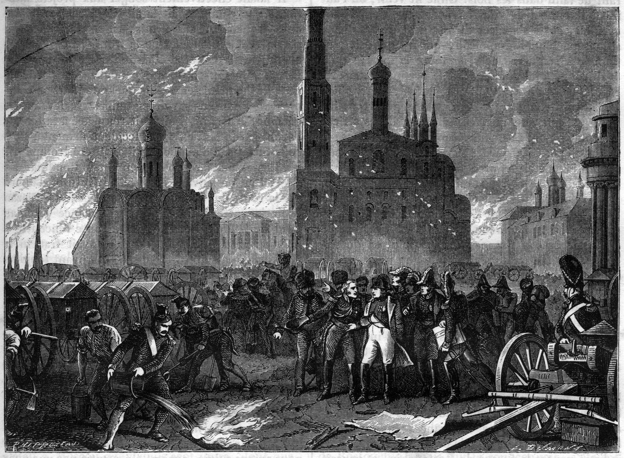 Rosja Kampania 1812 - Generał Jean Ambroise Baston de Lariboisiere wzywa Napoleona do opuszczenia Kremla z powodu niebezpieczeństwa wybuchu - Pożar Moskwy w 1812 - Generał Lariboisiere zmusza Napoleona do opuszczenia Kremla, grożąc straszliwą eksplozją - autorstwa French School