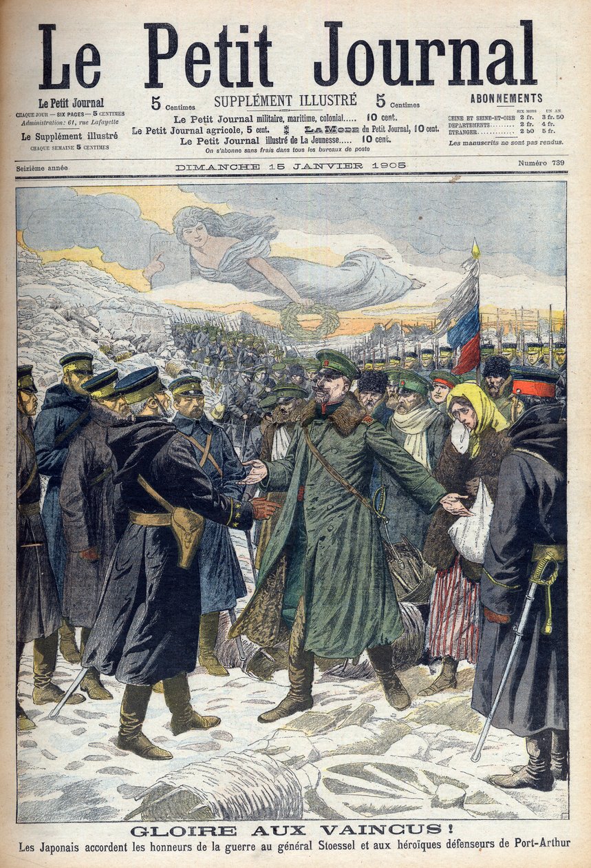 Wojna rosyjsko-japońska 1904-1905: Japończycy zezwalają generałowi Stoesselowi i rosyjskim obrońcom Port Arthur na honorową kapitulację. Z Le petit Journal, Paryż autorstwa French School