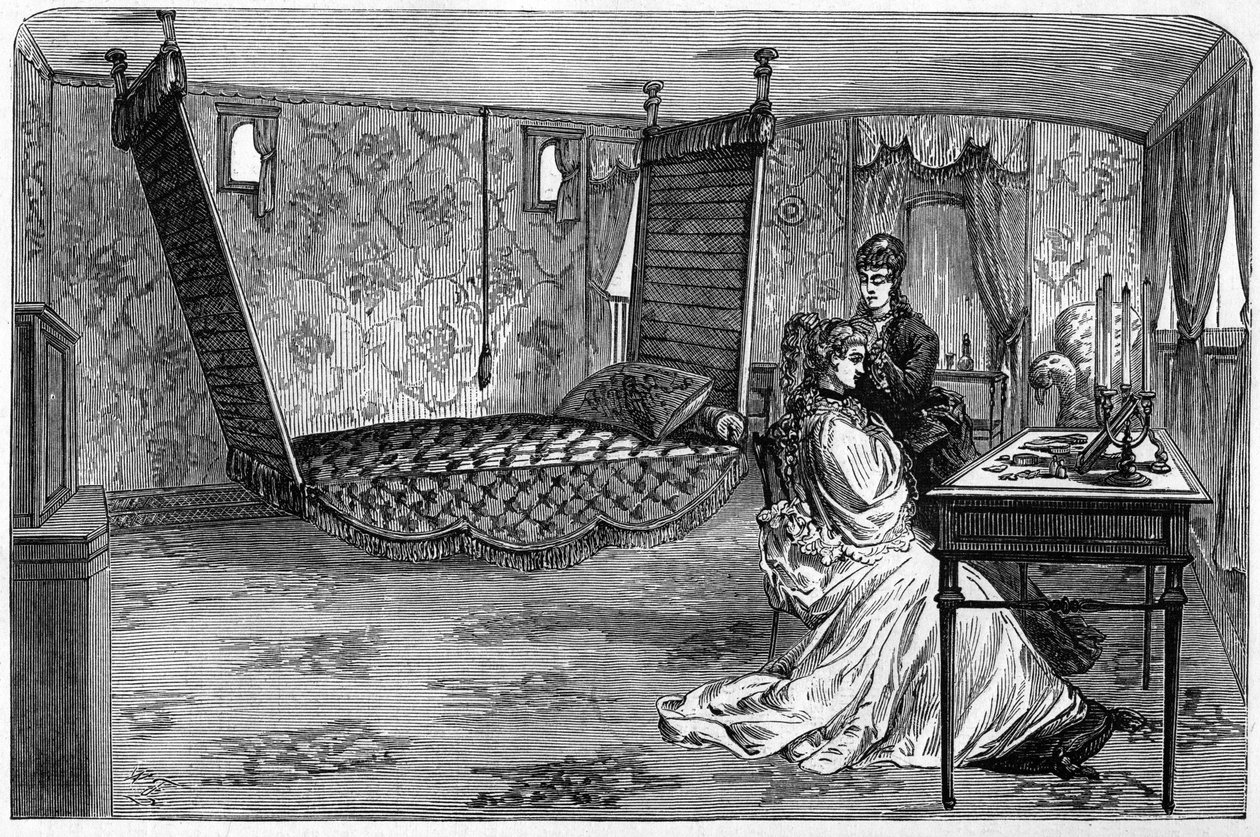Rosyjski pociąg cesarski używany przez księcia i księżną Edynburga w 1874 roku: wagon sypialny. Grawer w „”Le Monde Illustré””n°886 z dnia 6 kwietnia 1874 r. autorstwa French School