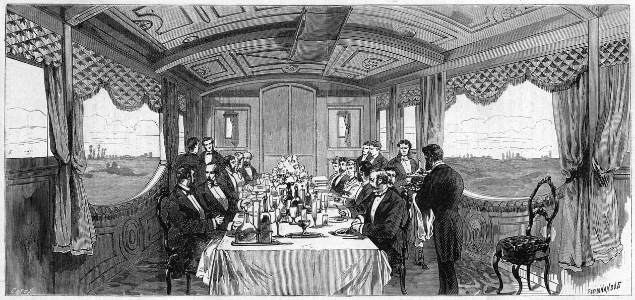 Rosyjski pociąg cesarski używany przez księcia i księżną Edynburga w 1874 roku: wagon z jadalnią. Grawer w „”Le Monde Illustré””n°886 z dnia 6 kwietnia 1874 r. autorstwa French School