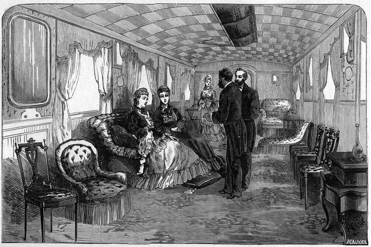 Rosyjski pociąg cesarski używany przez księcia i księżną Edynburga w 1874 roku: wagon sedan. Grawer w „”Le Monde Illustré””n°886 z dnia 6 kwietnia 1874 r. autorstwa French School
