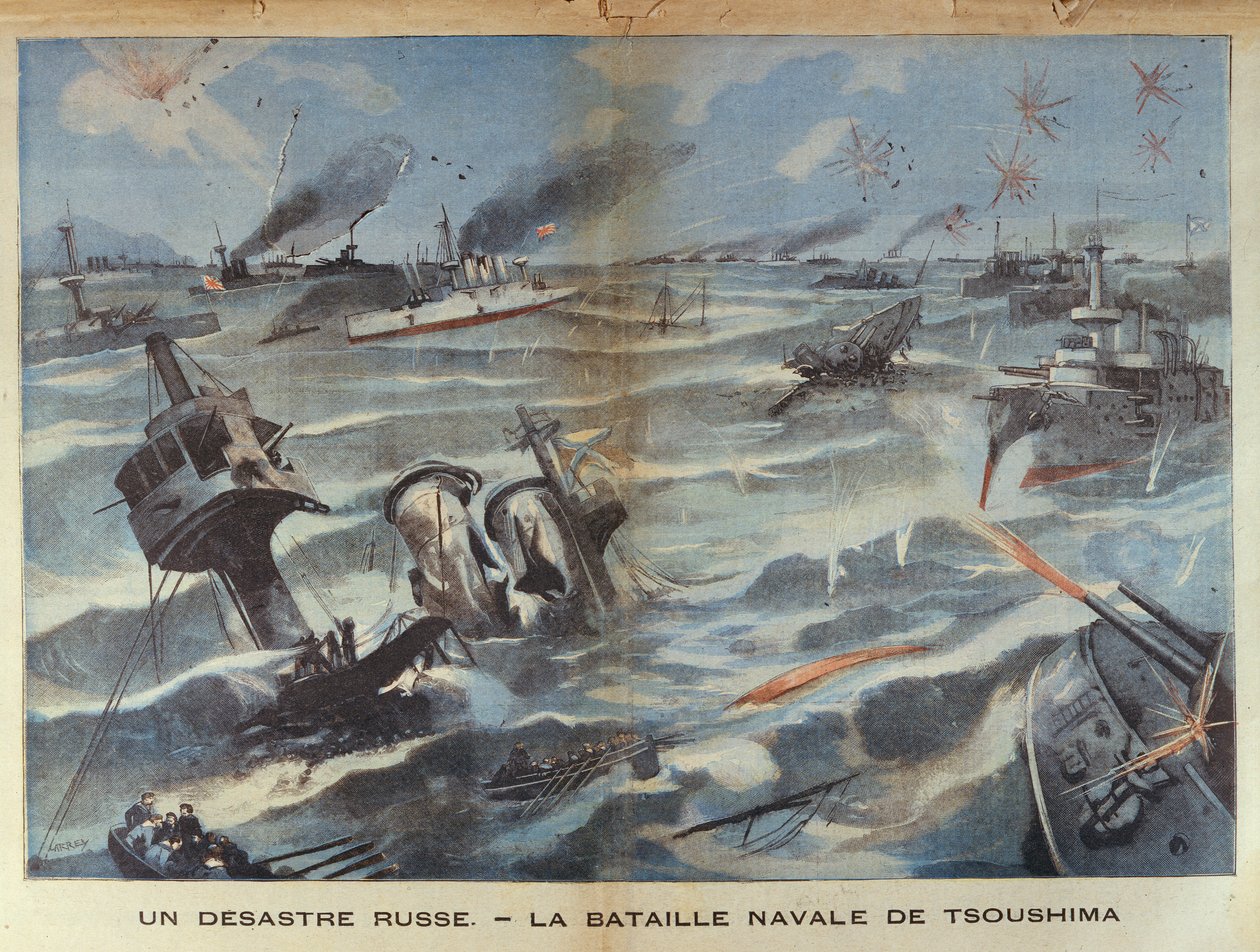 Katastrofa rosyjskiej marynarki wojennej w bitwie pod Cuszimą w 1905 roku, ilustracja z Le Petit Parisien, 2 lipca 1906 autorstwa French School