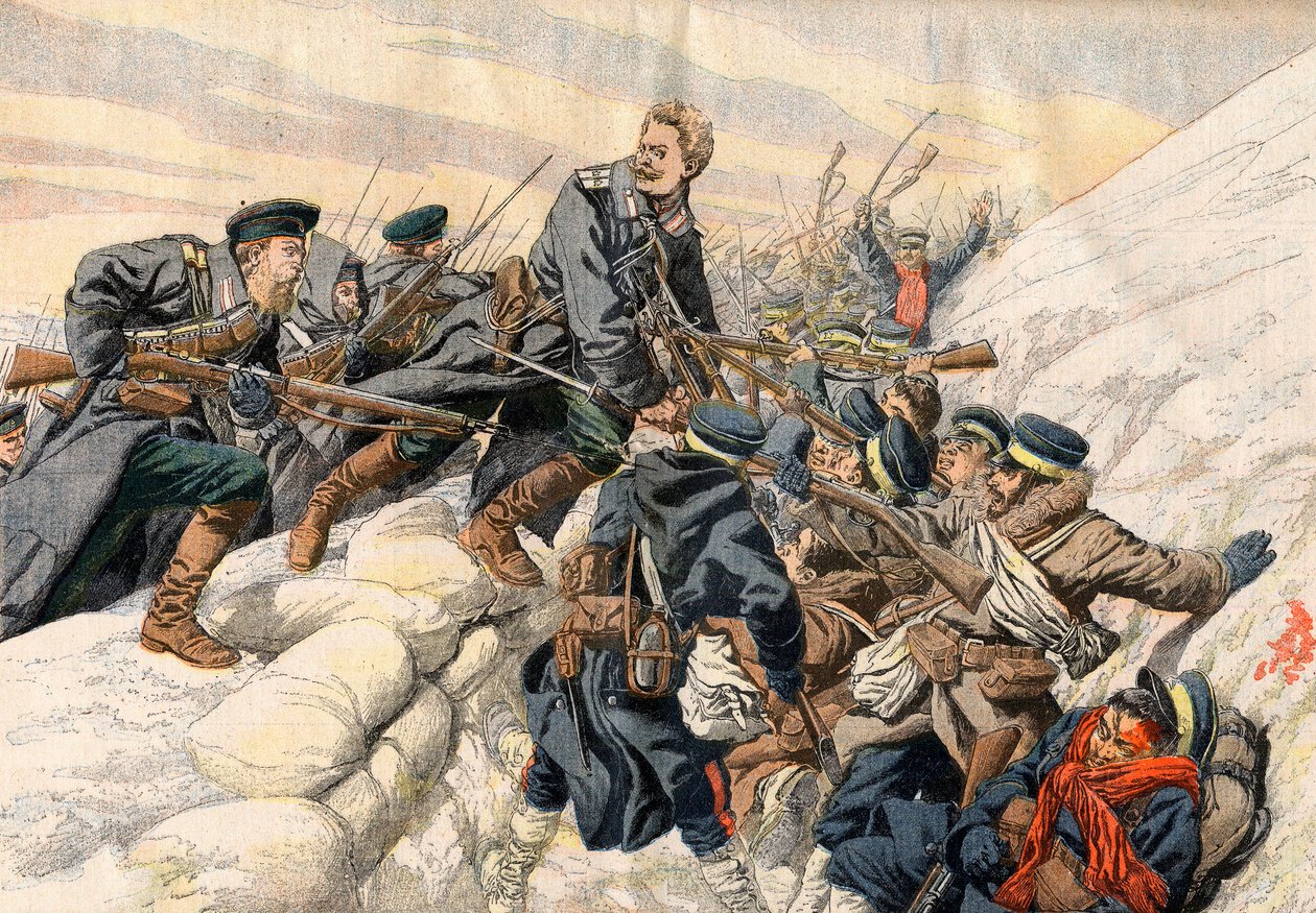 Wojna rosyjsko-japońska - Walka w okopach w Port Arthur, wojna rosyjsko-japońska. Bohaterska śmierć rosyjskiego porucznika Aleksandra - W okopach Port Arthur. Heroiczna śmierć rosyjskiego porucznika Aleksandra. Ilustracja do Le petit Journal autorstwa French School