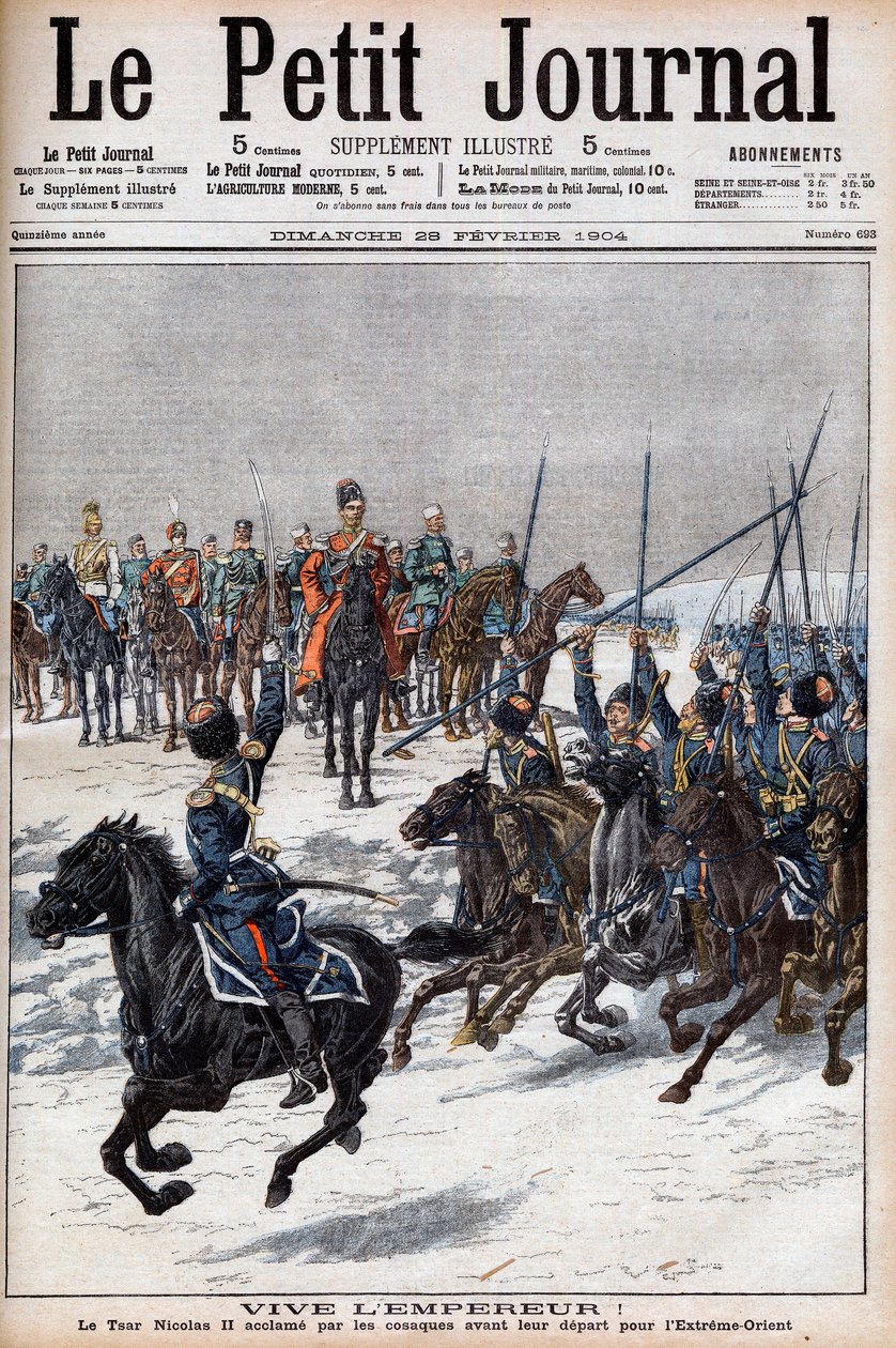 Wojna rosyjsko-japońska 1904-1905 - Kozacy uhonorowali cara Mikołaja II przed wyjazdem na Daleki Wschód, by walczyć z Japończykami w „Le Petit Journal”, 28 lutego 1904 (rycina) autorstwa French School