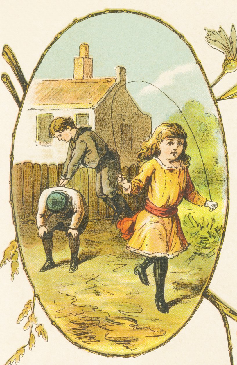 S: Suzanne dobrze się bawi, skacząc na linie, podczas gdy jej bracia Sylvestre i Simon grają w Saute-Mouton autorstwa French School