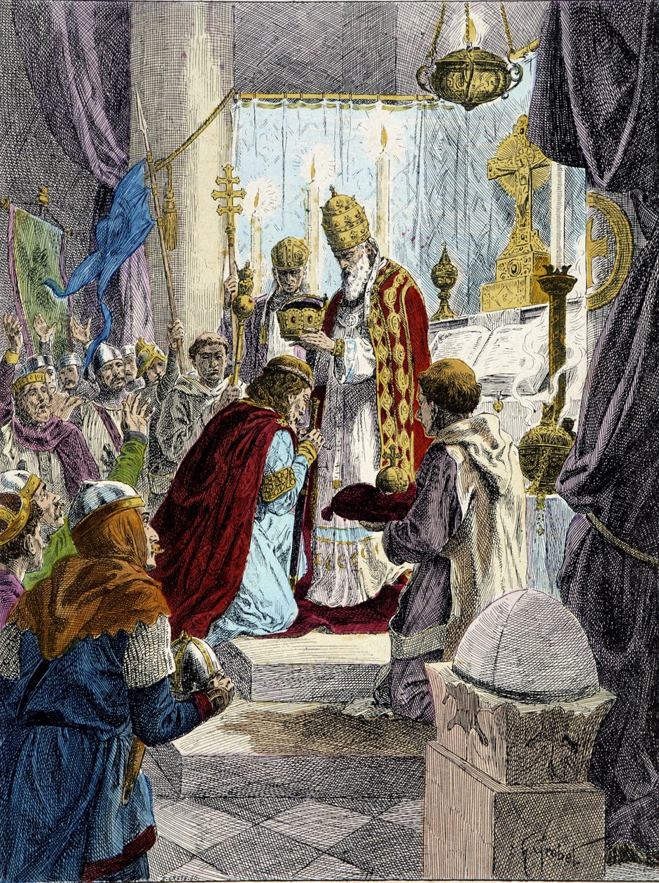 Sacred (Koronacja) Karola Wielkiego (742 - 814) w 800 przez papieża Leona III. autorstwa French School