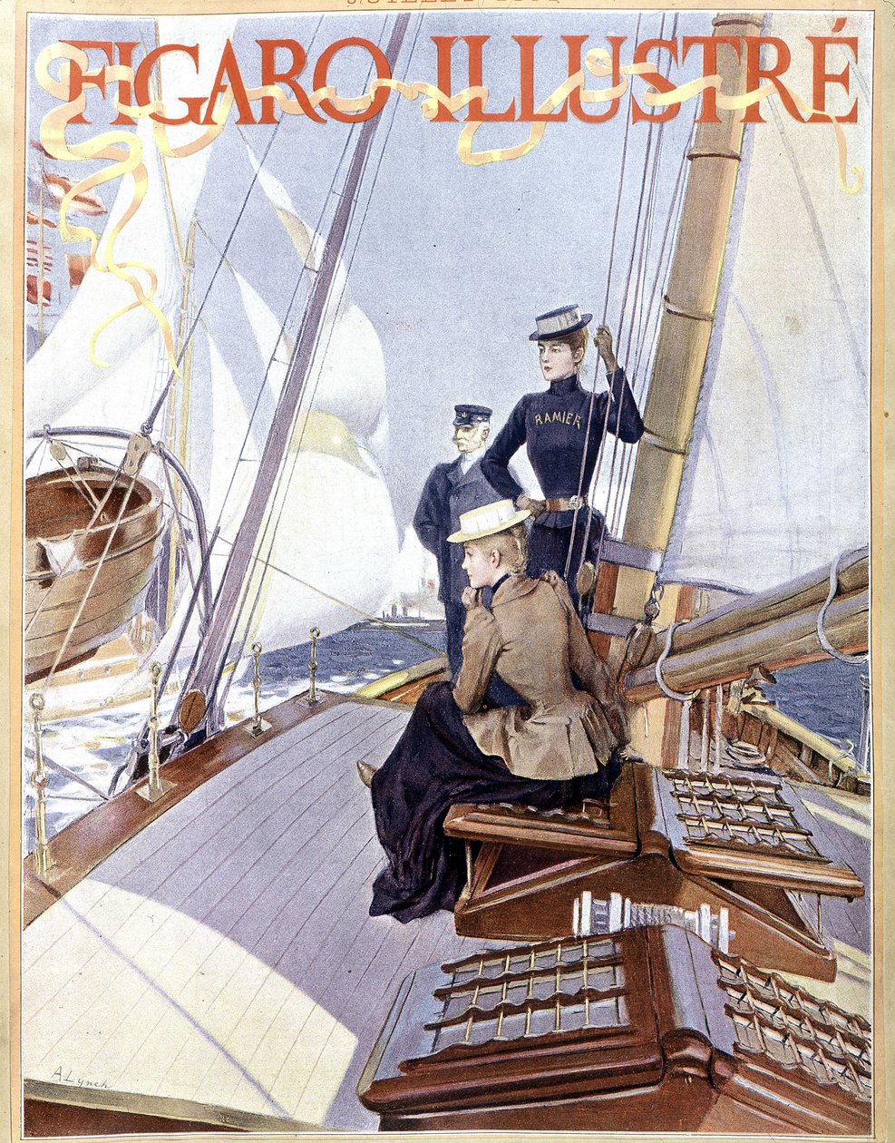 Żeglarstwo: kobiety na pokładzie łodzi - rysunek w „Ilustracji Figara” z 1891 r., art. deco. autorstwa French School