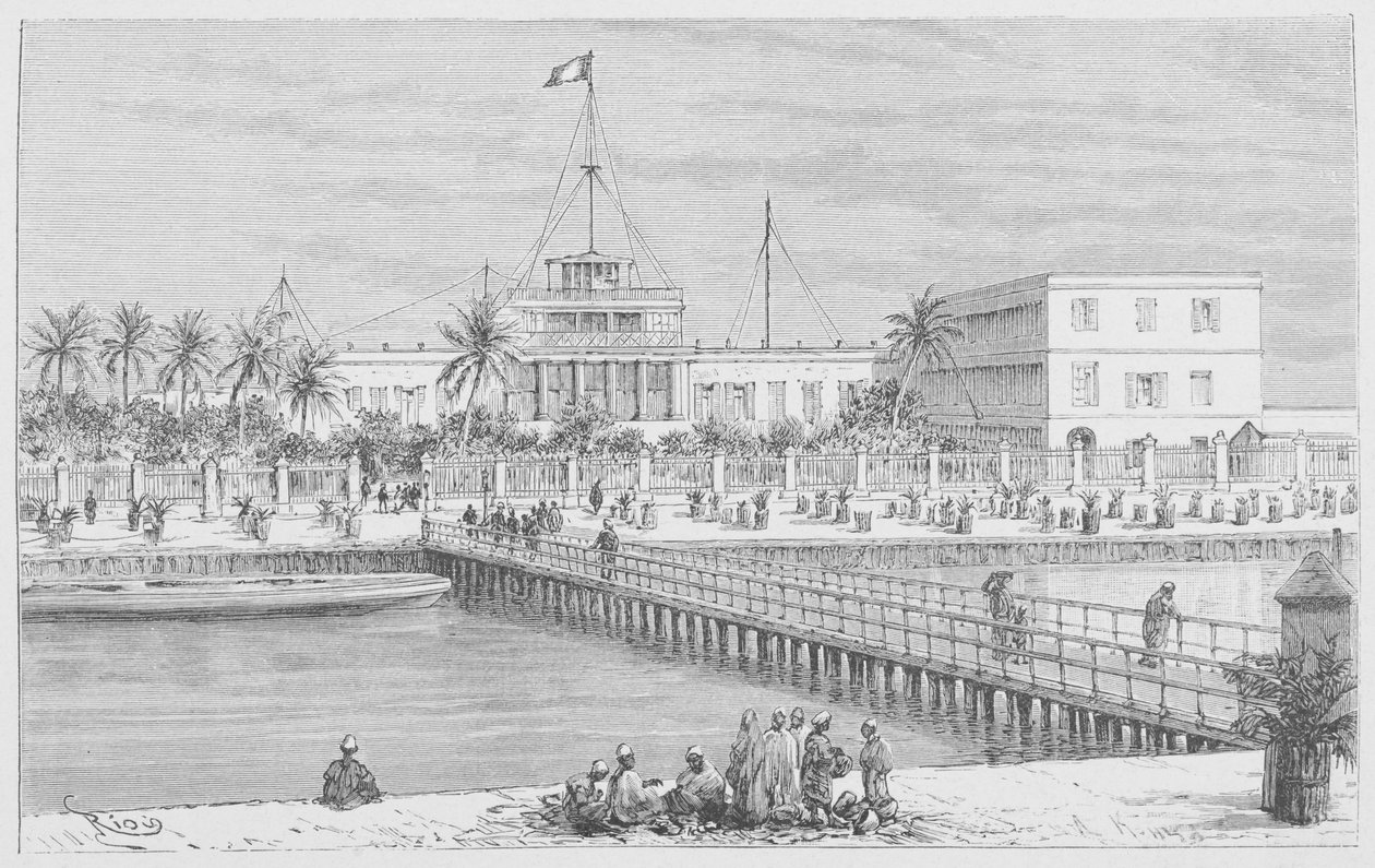 Saint-Louis, widok N"Dar, Pont de Guet, ilustracja z "Le Senegal...", Louis Leon Faidherbe, 1889 autorstwa French School