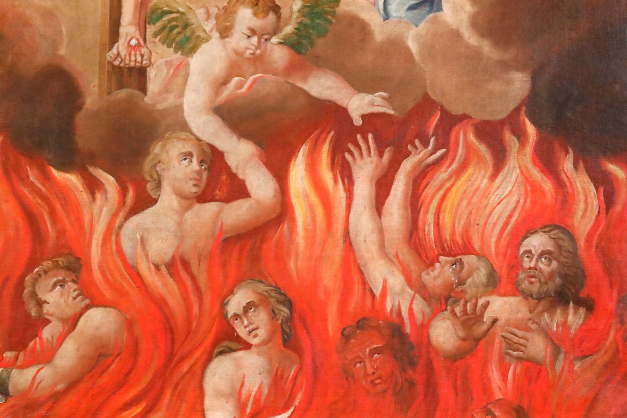 Kościół św. Mikołaja z Veroce. Sąd ostateczny: piekło. Grupa Ocalonych. Obraz. Francja. autorstwa French School
