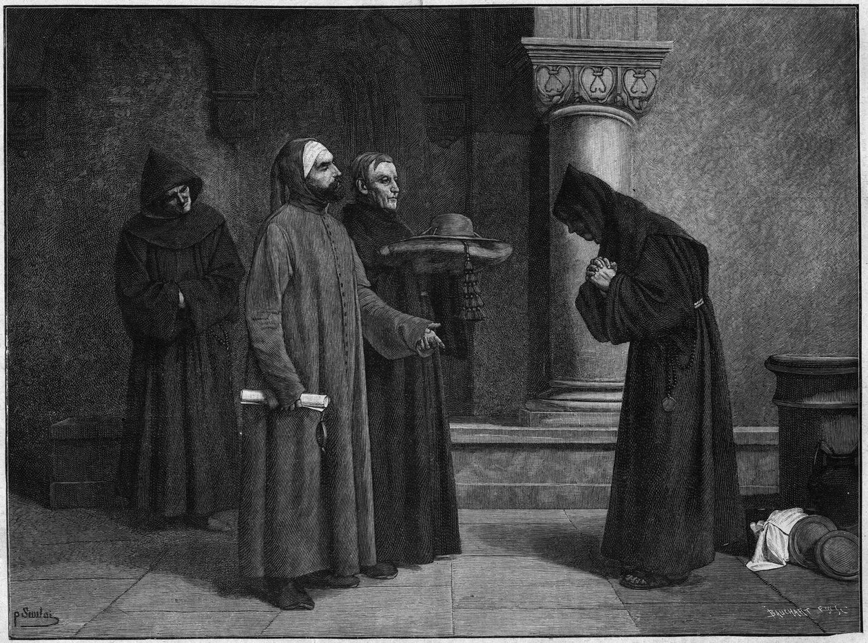 Święty Bonawentura (Giovanni di Fidanza, znany jako Doktor Seraphique, San Bonaventura) (1221-1274) otrzymuje kapelusz kardynała. Został konsekrowany na kardynała-Eveque Albano w 1273 przez Gregoire X w 1273. Grawerowanie Baucharta z obrazu Santara. autorstwa French School