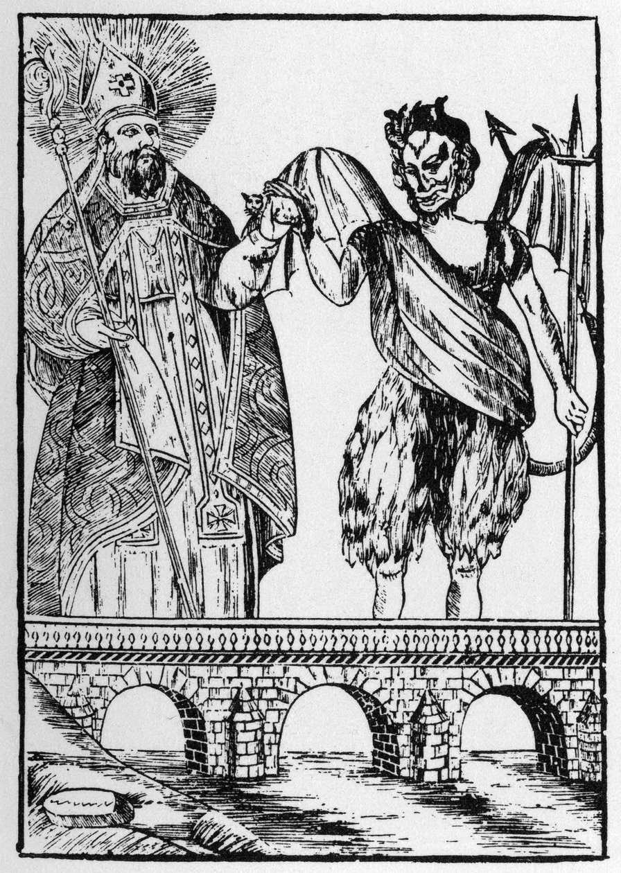 Święty Cado (lub Cadoc lub Catuod lub Catoc lub Cazut lub Cadochus) legendarny święty chrześcijanin oddaje kota diabłu w zamian za zbudowanie mostu - popularne obrazy Perret autorstwa French School