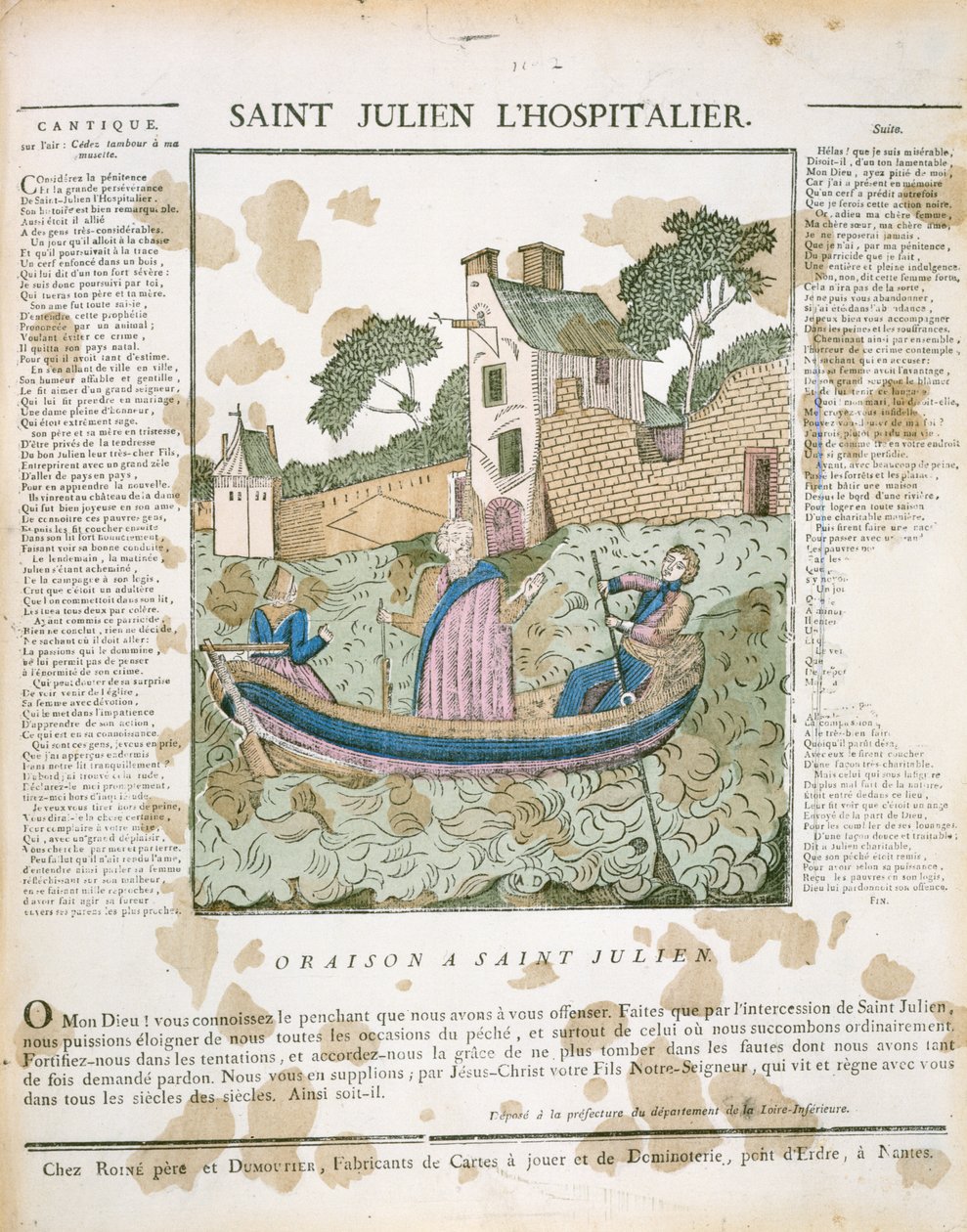 Święty Julian Szpitalny wiosłujący podróżnikami po rzece, ilustracja z LImagerie Populaire autorstwa P.L. Duchartre i R. Saulmer autorstwa French School