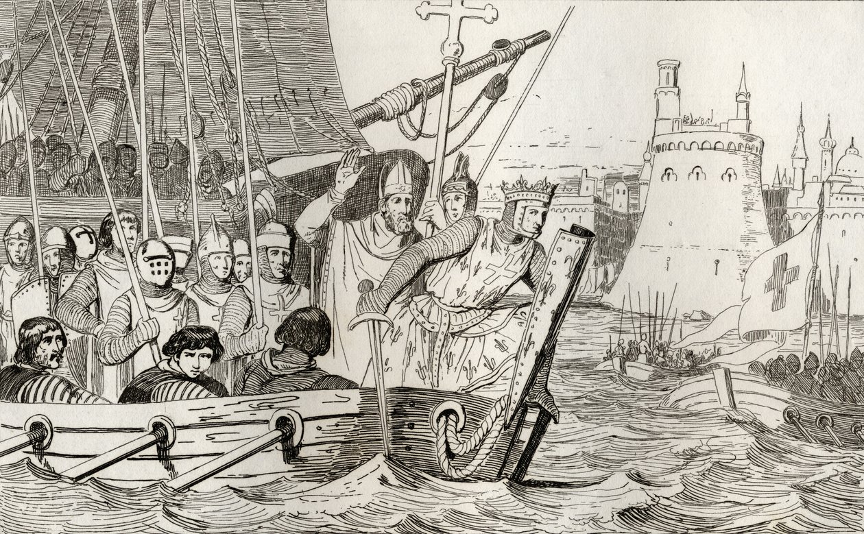 سینټ لوئیس IX (1214-70) په جګړه کې د خپلو سرتیرو مشري کوي، د کولارټ لخوا د "Histoire de France" څخه، c.1840 poli چاپ شوی autorstwa French School