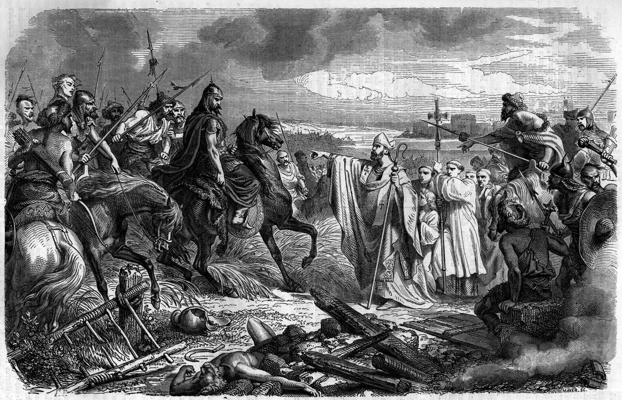 Saint Loup (lub Saint-Loup, v.383-479), wigilia Troyes ratuje miasto przed gniewem Attyli (v.406-453), króla plemion Hunów w 451 - Najazdy barbarzyńców - Grawerowanie w „Histoire des Papes-Król-Królowa-I-imperatorzy a travers les Century” autorstwa Ma autorstwa French School