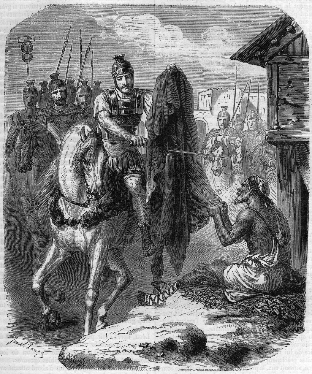 Saint Martin de Tours (Saint-Martin-de-Tours, v. 316-397) robi dwa kawałki swojego płaszcza, aby dać go biednemu człowiekowi. Grawer w „Histoire des Papes-Rois-Queen and Empereurs a travers les Century” Maurice Lachatre autorstwa French School